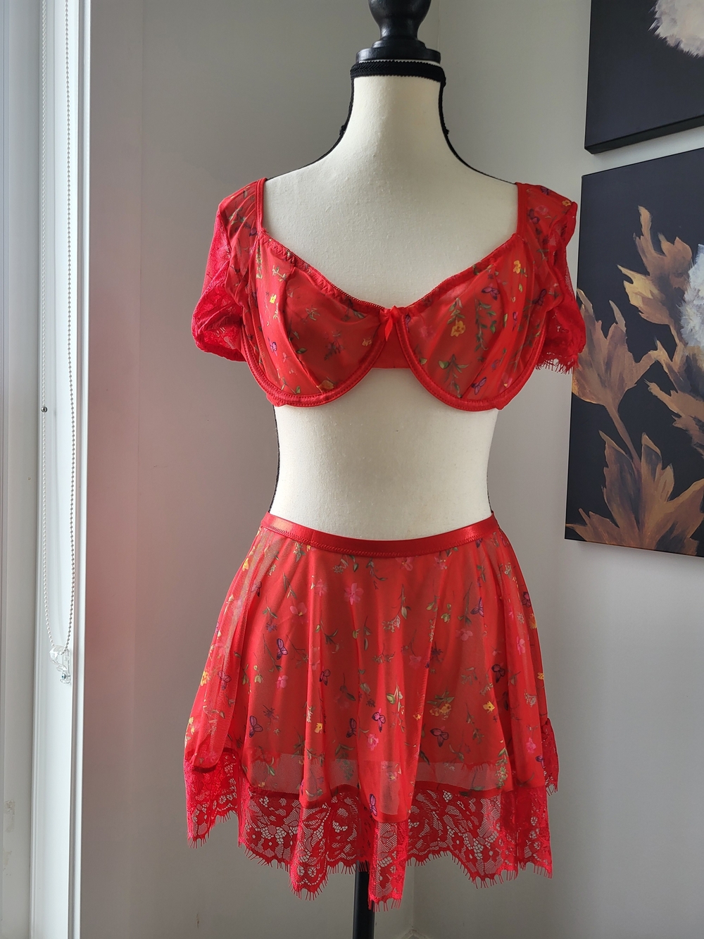 3/$30 Red Floral Sheer Lace Two-Piece Lingerie Set